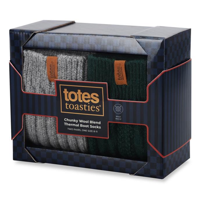totes toasties® Mens Chunky Thermal Wool Blend Slipper Socks (Twin Pack) Grey / Green Extra Image 1